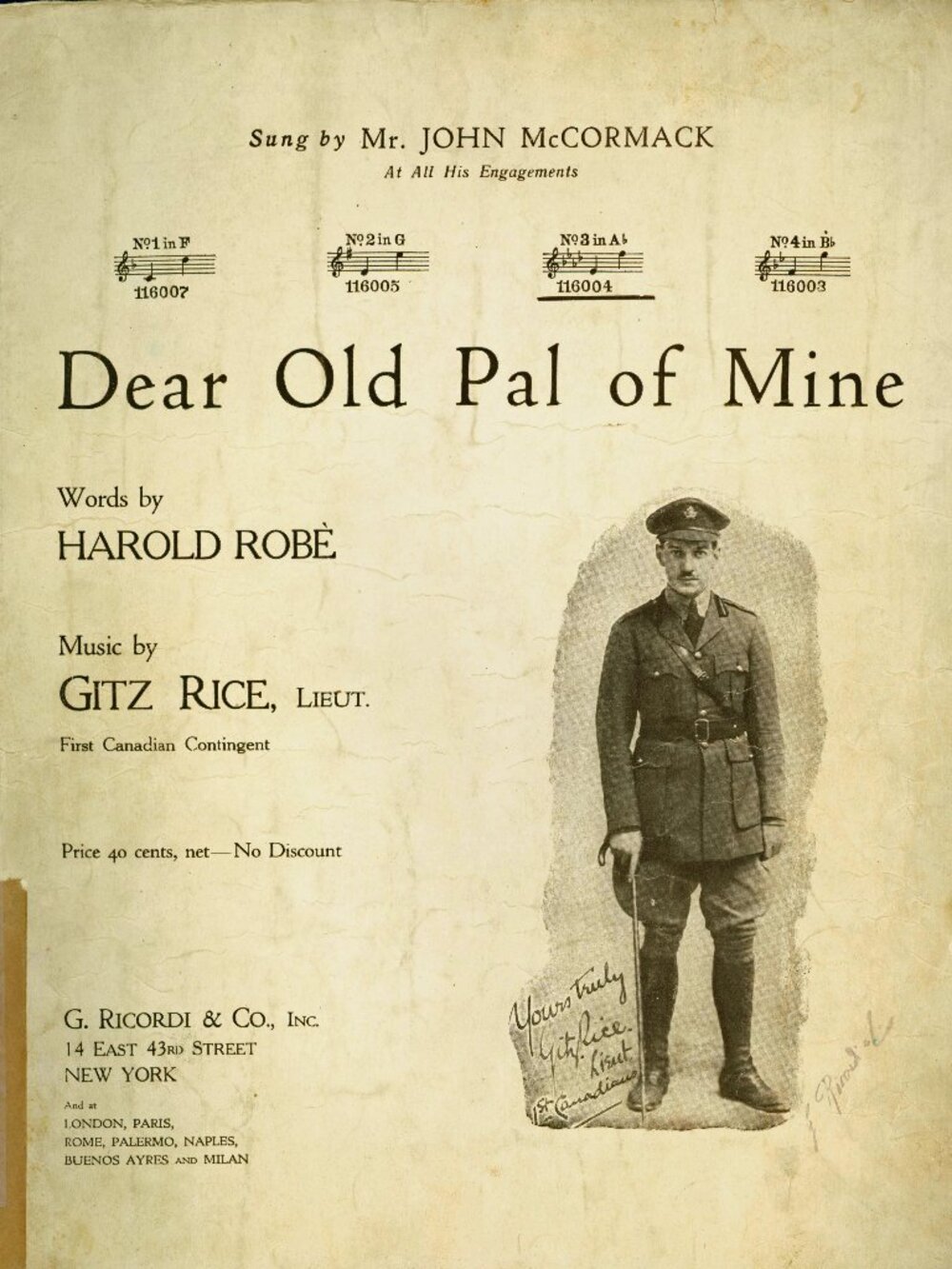 "DEAR OLD PAL OF MINE" Music: G.Rice/Words: H.Robe- WWI Antiq.11x14Sht.Mus.-1918